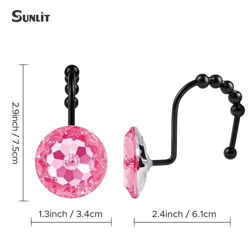 Sunlit Luxury Design Round Hot Pink Diamond Crystal Gem Bling with Glide Balls Shower Curtain Hooks, Rust Proof Metal Rhinestones Glam Shower Curtain Rings with Black Hooks, Set of 12 by Sunlit - Image 4