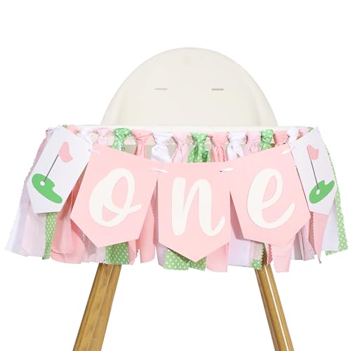 Image of Golf 1st Birthday Decorations For Girls - Hole In One High Chair Banner,Sports Themed First Birthday Photo Props,Golf Pink Green Ribbon One Banner,Baby Girl Smash Cake Backdrop
