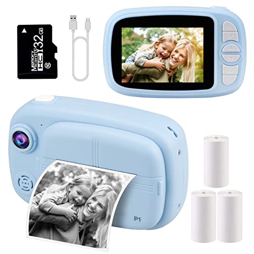 Mijiaowatch Kids Instant Camera,12MP/1080P Kids Digital Instant Camera 3.5 Inch Print Photo Cameras for Kids with 4 Print Paper, 32GB Card, Lanyard, Print Camera Gifts for Boys Girls Age 3-14 (Blue)