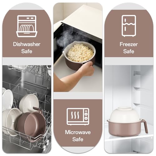 Image of MEACOLIA 50 oz Large Ramen Bowl, Microwave Ramen Cooker, Noodle Pasta Cooker with Lid and Strainer, Steamer for Vegetables, College Dorm Essentials for Girls Guys (Beige)