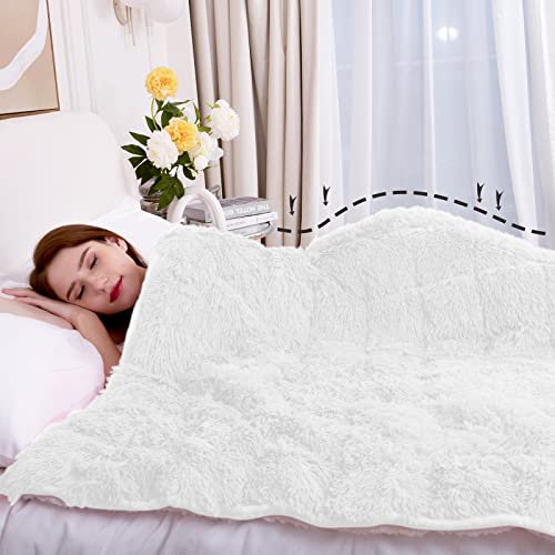 Yescool Faux Fur Weighted Blanket 60"X80" 15Lbs,Fuzzy Cozy Shaggy Weighted Blanket Queen Size For Adult，Fluffy Sherpa Comfy Heavy Blanket For Women Men,Warm Soft Plush White Blanket For Couch Sofa Bed #TOP3