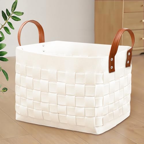 boldmonkey Blankets Basket 16.5 " x13 x13 , Large Rectangular Laundry Hamper with Leather Handle, Soft Dog Toy Basket for Storage-Beige by boldmonkey - Used condition - US$26.81