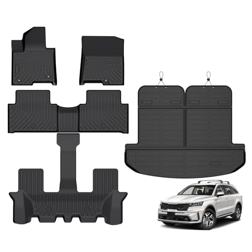 Floor Mats for Kia Sorento Hybrid & Plug-in Hybrid 6 & 7 Passenger 2021-2025 2026 (Only for HEV & PHEV), TPE Waterproof Non-Slip All Weather Protection Custom (Floor Mats & Cargo Liner & Seatback Mat)