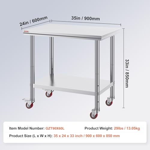 Miniatura 7 de Vevor Mesa De Trabajo 2 Niveles 90 X 60 X 85 Cm, Mesa Con Ruedas De Acero Inoxidable, Estante Inferior Ajustable, Para Preparación De Alimentos En Cocinas Comerciales, Restaurantes, Garajes, Talleres