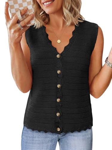 Saodimallsu Womens Sleeveless Sweater Vest V Neck Button Down Casual Loose Knit Summer Trendy Tank Tops Black