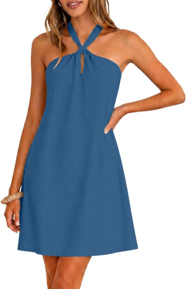 sleeveless halter neck mini dress boho flowy beach vacation sundress