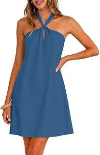 IHOT Women's Halter Neck Mini Dress Sleeveless Boho Flowy A-Line Beach Vacation Sundress
