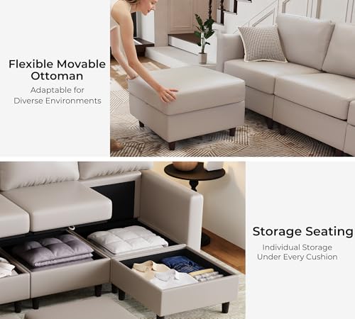 Image of ABCASA Faux Leather Loveseat Sofa Sleeper Bed with Storage Seat, 64.6 inch Modular Sectional Couch Deep Seat with Reversible Chaise 2-Seat Whitesand