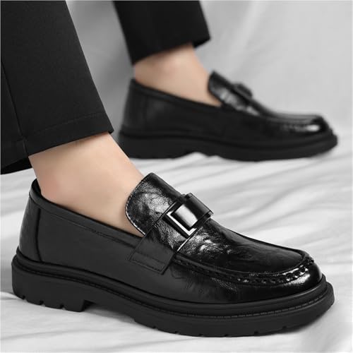 Men's British Korean Style Slip On Loafers Business Casual Leather Shoes Round Toe Handmade Wrinkled Texture Trendy Oxfords(Black,6.5)3