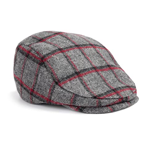 The Original Boston Scally Cap - Original Newsboy Flat Cap - Single Panel Cotton Fitted Hat for Men - Red and Black Plaid - Medium/Large
