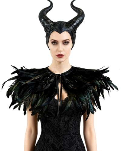 L'VOW Women Gothic Black Feather Cape Shawl Demon Witch Ox Horns Halloween Crow Evil Queen Costume(Style-1)