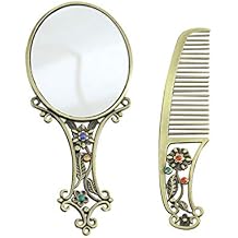 Makeup Mirror Comb Set Antique Brush Vintage Metal Portable Hair Comb for Lady Woman Mixed Pattern