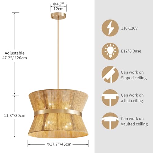 Shrine Lighting French Gold Boho Chandelier, Modern Design, Boho Drum Pendant Light for Dining Room, D18'' x H12'', Adjustable 47'', E12*8 Sockets, Jute Rope Lampshade&French Gold Finish Frame by Shrine - Used condition - Image 3