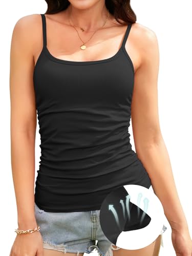 V FOR CITY Ribbed Camisole Tops for Women with Built-in Bra Adjustable Straps Cami Scoop Neck Side Ruched Layering Tanks