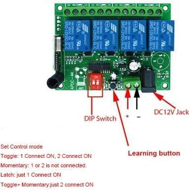 Receiver board showing DIP switch and learning button locations