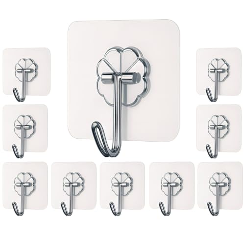 KISVIS Self Adhesive Wall Hooks - Heavy Duty 10 Pcs Wall Hanger Hook Without Drilling - Nail Free Wall Hooks for Hanging Sticky Hooks for Wall Heavy Items, Kitchen & Bathroom (Flower Hook, 10)