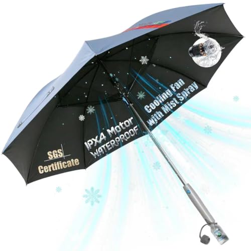 54 inch Golf Umbrella Waterproof with Mister and Fan, Cooling UV Sun Protection Golf Essential, Carry On Bag Airline Approved, Battery Powered, Blue