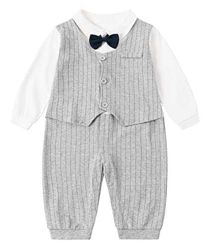 Marendyee Traje de caballero para bebé, trajes de boda para niños, trajes de bautizo, camisas formales para pajarita para niños, pantalones de rayas, chaleco ropa formal, Gris-A02474, 9 mes