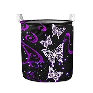WELLFLYHOM Purple Butterfly Laundry Hamper Collapsible Large Clothes Basket with Strong Handles for Clothes Toys, Bedroom Living Room Home Round Laundry Baskets Storage Bin for Women Girls