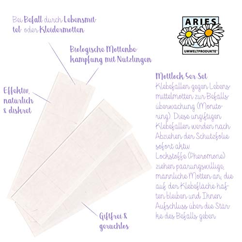 ARIES Anti Mott Falle - Mottenfalle für Lebensmittelmotten – nachhaltige, ungiftige Klebefallen mit Pheromon Lockstoff zur Befallsermittlung von Lebensmittel Motten – 5er Set