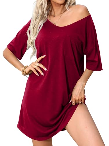 Mawor Nightgowns for Adult Women Soft Cotton V Neck Night Shirts Short Sleeve Lingerie Swimsuit Beach Coverup Wine Red M