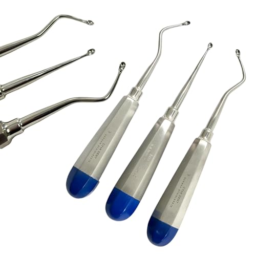 Set of 3PCS Dental Elevator Curettes with Spoon Tips, Blunt, Curved Left, Curved Right, Straight, Hollow Handle - German Stainless Steel