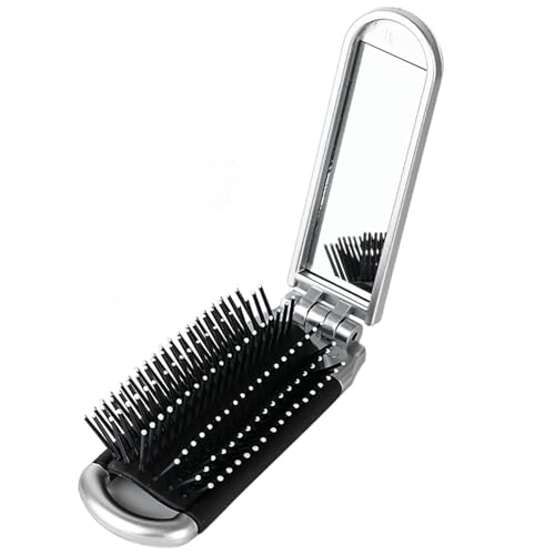 Folding Hair Brush, Mini Travel Portable Hair Brush with Mirror, Collapsible Anti-static Compact Styling Tool for Gym, Swimming