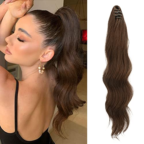 FESHFEN Ponytail Extensions 20 inch Long Wave Ponytail Claw Clip in Pony Tail Hair Extensions Chocolate Brown Wavy Ponytails Synthetic Hairpieces for Women Girls