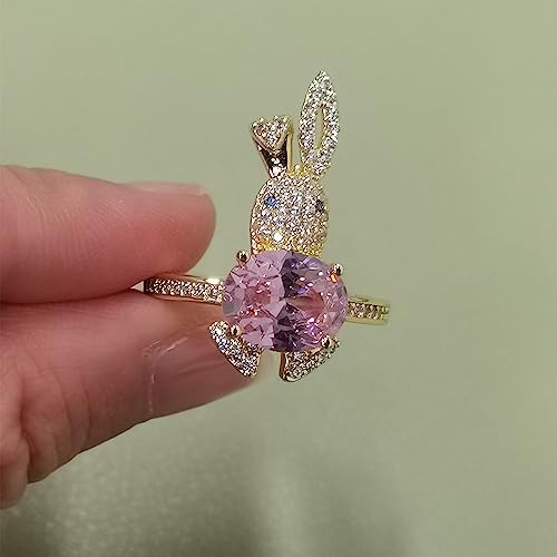 Dtja CZ Rabbit Animal Statement Ring for Women Gold Plated Adjustable Pink Rhinestone Crystal Pet Open Band Finger Rings Comfort Fit Fashion Cute Birthday Holiday Christmas Jewelry Gift Size 8-10