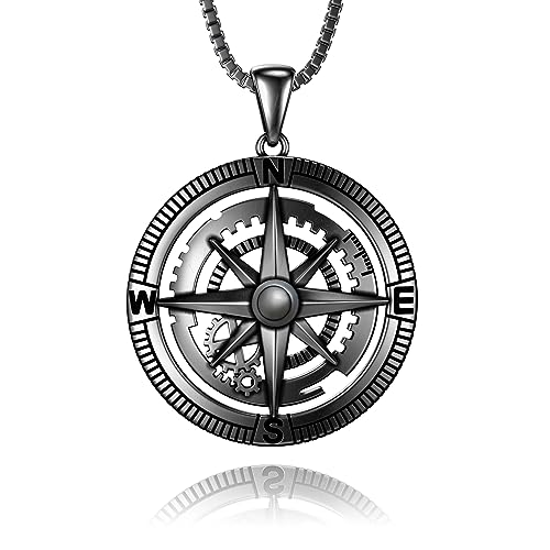 Compass Necklace 925 Sterling Silver Black Gold Compass Necklace for Men Vintage Gear Compass Jewelry Gifts for Men Father Husband Boyfriend
