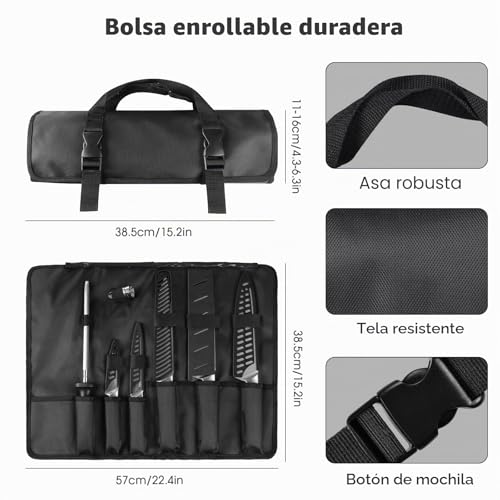 Miniatura 3 de Mosfiata Juego De Cuchillos Con Bolsa, Set Cuchillos Cocina Profesional Con Funda, Afilador Y Estuche