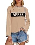 Sweaters for Women Crewneck Long Sleeve Contrast Pullover Apres Ski Shirt Chic Stitch Style Sweater Jumper Tops Khaki