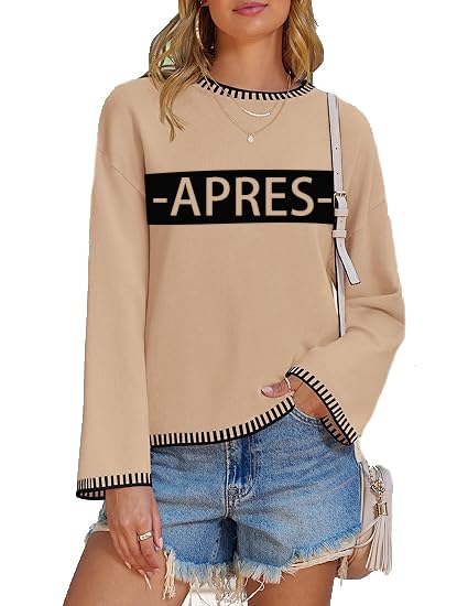 Sweaters for Women Crewneck Loose Long Sleeve Contrast Pullover Graphic Whip Stitch Sweater Jumper Tops
