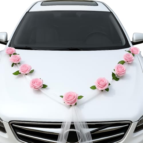 Suncalla Wedding Car Decorations Pink Rose Faux Flowers Just Married Car Decor Bouquet Ribbon Set Artificial Floral Garland Bride Wedding Accessories Photo Props for Backdrop Bridal Party Decor