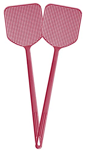 Grand Way Fly swatter – Strong one-Piece Plastic Fly swatter – Long-Hand mesh Fly swatter – red Fly swatter – 2-Pack Manual swat Fly Control swatter – Fly Killer and Catcher, 158462