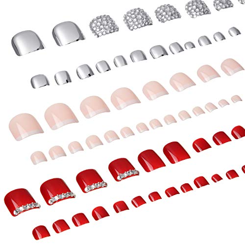 72 Pcs False Toe Nail Full Cover Fake Art Toe Nail Bling Rhinestone Artificial Fake Toe Nail Square Short French Acrylic Glue On Toe Nail Tip For Women Bridal Girl, 3 Styles, Sliver, Red, Light Pink #TOP6