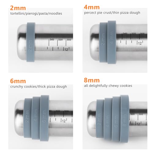 Miniatura 7 de Rodillo De Acero Inoxidable, Rodillo Masa De Metálicos Rolling Pins Con 4 Discos Ajustables Anillo Grosor, Para Fondant Pastelería, Pastas, Pizza