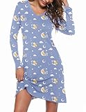 Ekouaer Damen Nachthemd Langarm Mit Spitze Nachtkleid V Ausschnitt Mit Blumenmuster Kuschelig Sleepshirt Loungewear,Teddybär,S