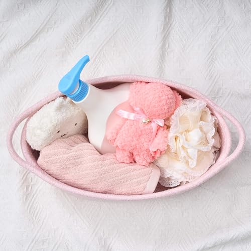 Image of 2-Pack Small Woven Gift Baskets Empty with Bags & Ribbons - Gifts for Father's Day, Baby Shower, Birthdays & Raffle - Cotton Rope Storage Basket for Dog Toys or Shelf - 12 inchx8 inchx5 inch, Light Pink
