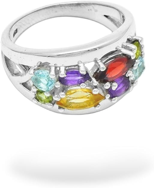 925 Sterling Silver Multi Color Gemstone Modern Ring Natural Stone Handmade Statement Ring For Women's Party, Daily and Special Occasion