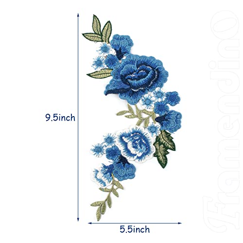 Framendino, 1 Pair Blue Rose Embroidery Patch Beautiful Flowers Embroidered Applique Patches for Clothes
