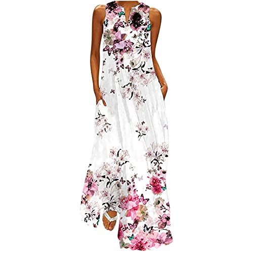2024 Vestidos Largo para Mujer Vestido sin Manga Elegante Primavera Verano Impresión Floral Bolsillos Casual Vestidos Cuello en V Fiesta Moda Playa Suelto Vestido de Noche Vacaciones
