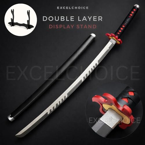 Image of EXCELCHOICE Demon Slayer Fire God Kamado Tanjiro Katana /Sword Toy 104cm Life Size - Bamboo Wood Tanjiro Kamadoo Anime Katana Rengoku X Tanjiro Silver Blade 2024 (Double Layer Stand Included)