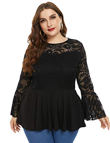 Women's Plus Size Crew Neck Lace Flounce Bell Sleeves Tunic Tops 20W Black #TOP2
