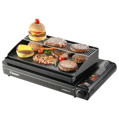 Portable butane camping stove for BBQ with grill plate for multi purposes use, Outdoor grill burner in Garden and back yard. Cover