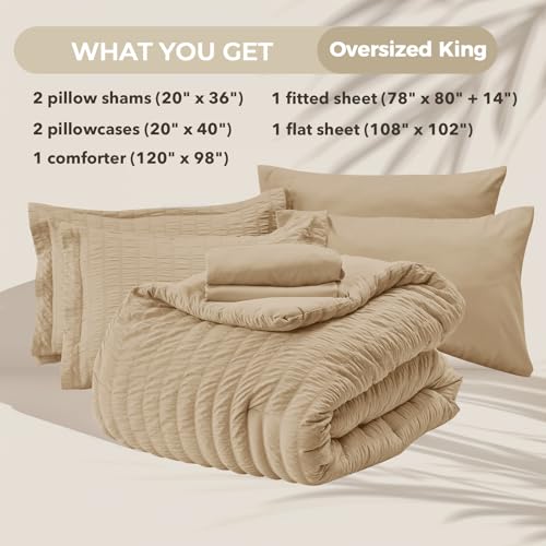 Image of HYMOKEGE Khaki Oversized King Comforter Set Seersucker 7 Pieces, All Season Luxury Bed in a Bag for Bedroom, Bedding Set with Comforter, Sheets, Pillowcases & Shams