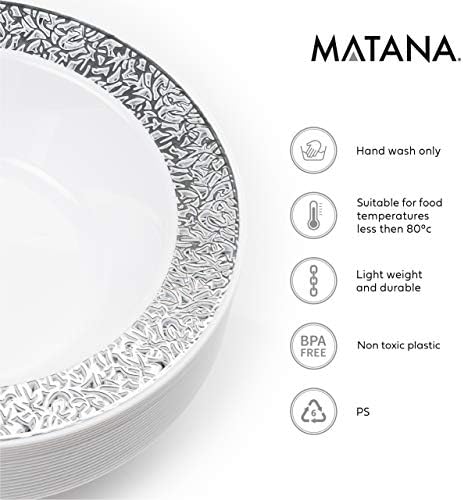 MATANA - 20 Premium Multi-Use Plastic Party Bowls with Silver Lace Rim - 18cm