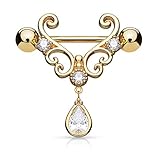 Pair of CZ Tear Drop Dangle Heart 14K Gold Plated Nipple Rings Barbell 14g 9/16' - Rose Gold