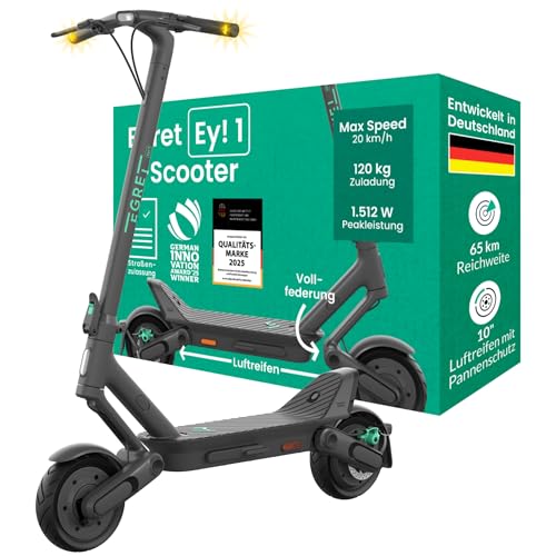 Egret Ey! 1 E Scooter mit Straßenzulassung – 500W Motor (1512W Peak), 10 Zoll Luftreifen, 65 km Reichweite, vollgefedert, LED Front- & Rücklicht, Blinker, Dreifach-Bremssystem