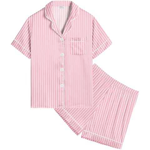 SWOMOG Girls Silk Pyjamas Short Sleeve Sleepwear Kids 2Pcs Satin Button-Down PJ Sets Nightwear Pink Striped 12-13 Years Cover